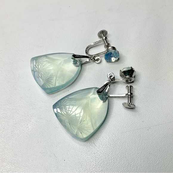 Art Deco Sterling Opaline Glass Earrings Japan Carved Scene - Picture 5 of 10